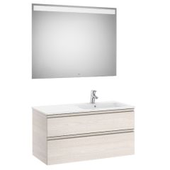 Pack meuble "The Gap" 1000 - 2 tiroirs + lavabo slim droite + miroir LED - frêne nordic/poignées nickel mat - Roca