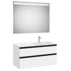 Pack meuble "The Gap" 1000 - 2 tiroirs + lavabo slim droite + miroir LED - blanc mat/poignées noires - Roca