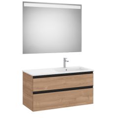 Pack meuble "The Gap" 1000 - 2 tiroirs + lavabo slim droite + miroir LED - noyer/poignées noires - Roca