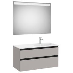 Pack meuble "The Gap" 1000 - 2 tiroirs + lavabo slim droite + miroir LED - gris moyen mat/poignées noires - Roca