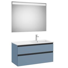 Pack meuble "The Gap" 1000 - 2 tiroirs + lavabo slim droite + miroir LED - bleu mat/ poignées noires - Roca