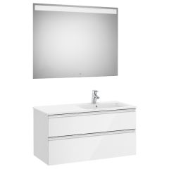 Pack meuble "The Gap" 1000 - 2 tiroirs + lavabo slim droite + miroir LED - blanc brillant - Roca