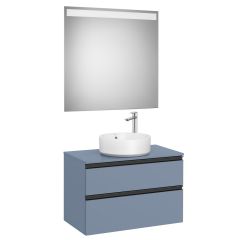 Pack meuble "The gap" 800 - pour vasque à poser - 2 tiroirs + plan + miroir LED - bleu mat/ poignées noires - Roca