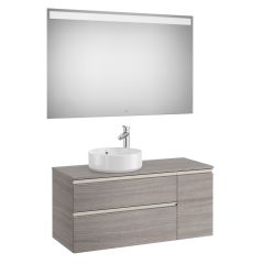 Pack meuble "The gap" 1100 pour vasque à gauche - 2 tiroirs + 1 porte + plan + miroir LED - city oak/poignées nickel mat - Roca