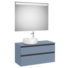 Pack meuble "The gap" 1000 pour vasque à gauche - 2 tiroirs + plan + miroir LED - bleu mat/ poignées noires - Roca