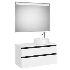 Pack meuble "The gap" 1000 pour vasque à droite - 2 tiroirs + plan + miroir LED - blanc mat/poignées noires - Roca