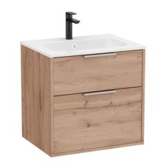 Pack meuble unik "OPTICA" 600 - 2 tiroirs + lavabo plan en Stonex  - Noyer - Roca