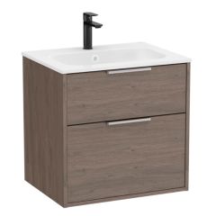 Pack meuble unik "OPTICA" 600 - 2 tiroirs + lavabo plan en Stonex - Chêne Foncé - Roca
