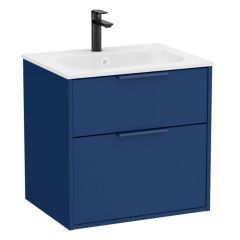 Pack meuble unik "OPTICA" 600 - 2 tiroirs + lavabo plan en Stonex - Bleu Acier Mat - Roca