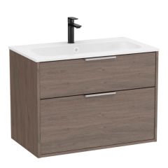 Pack meuble unik "OPTICA" 800 - 2 tiroirs + lavabo plan en Stonex - Chêne Foncé - Roca