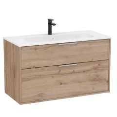 Pack meuble unik "OPTICA" 1000 - 2 tiroirs + lavabo plan en Stonex  - Noyer - Roca