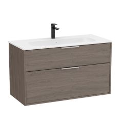Pack meuble unik "OPTICA" 1000 - 2 tiroirs + lavabo plan en Stonex  - Chêne foncé - Roca