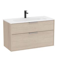 Pack meuble unik "OPTICA" 1000 - 2 tiroirs + lavabo plan en Stonex - Frêne clair - Roca