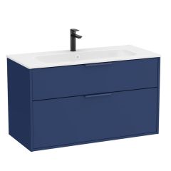 Pack meuble unik "OPTICA" 1000 - 2 tiroirs + lavabo plan en Stonex  - Bleu acier Mat - Roca