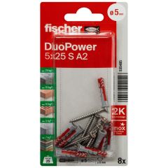 Blister de 8 chevilles universelles Duopower Ø5x25 + vis inox A2 Ø3,5x35 - Fischer