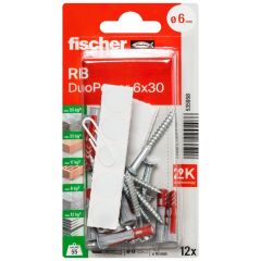 Kit de 12 chevilles Duopower 6x30 + vis + cache pour fixation étagères - Fischer